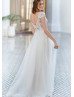 Cap Sleeves Ivory Embroidered Lace Tulle Modern Wedding Dress